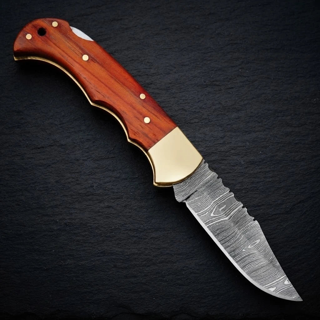 EDC Damascus folding knife with padauk wood handle and brass bolster – photo 3
