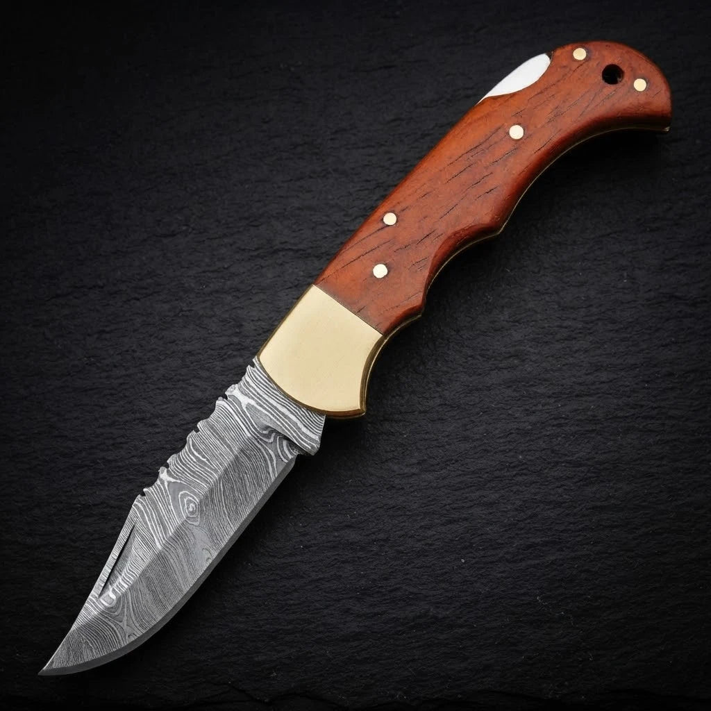 EDC Damascus folding knife with padauk wood handle and brass bolster – photo 4