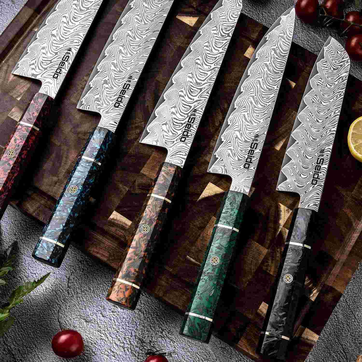 67-layer Damascus steel blades on AUS-10 Japanese chef knives