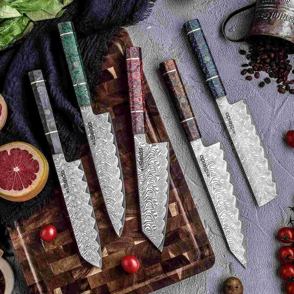 Epokishi AUS-10 Damascus Japanese chef knife with 12 degree double bevel edge
