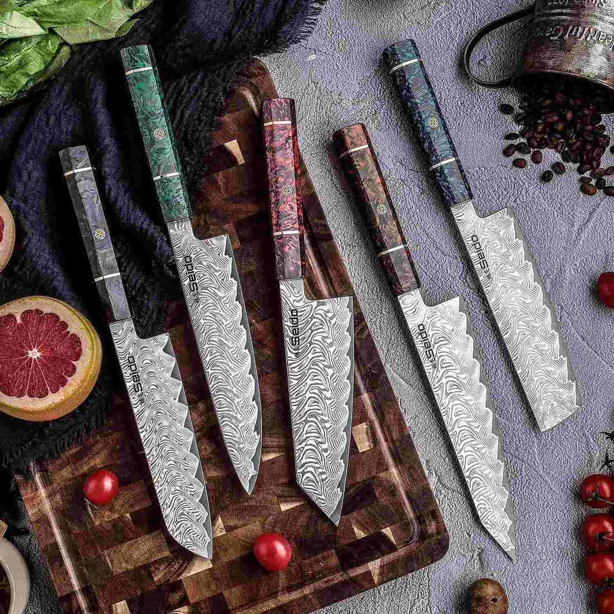 Epokishi AUS-10 Damascus Japanese chef knife with 12 degree double bevel edge