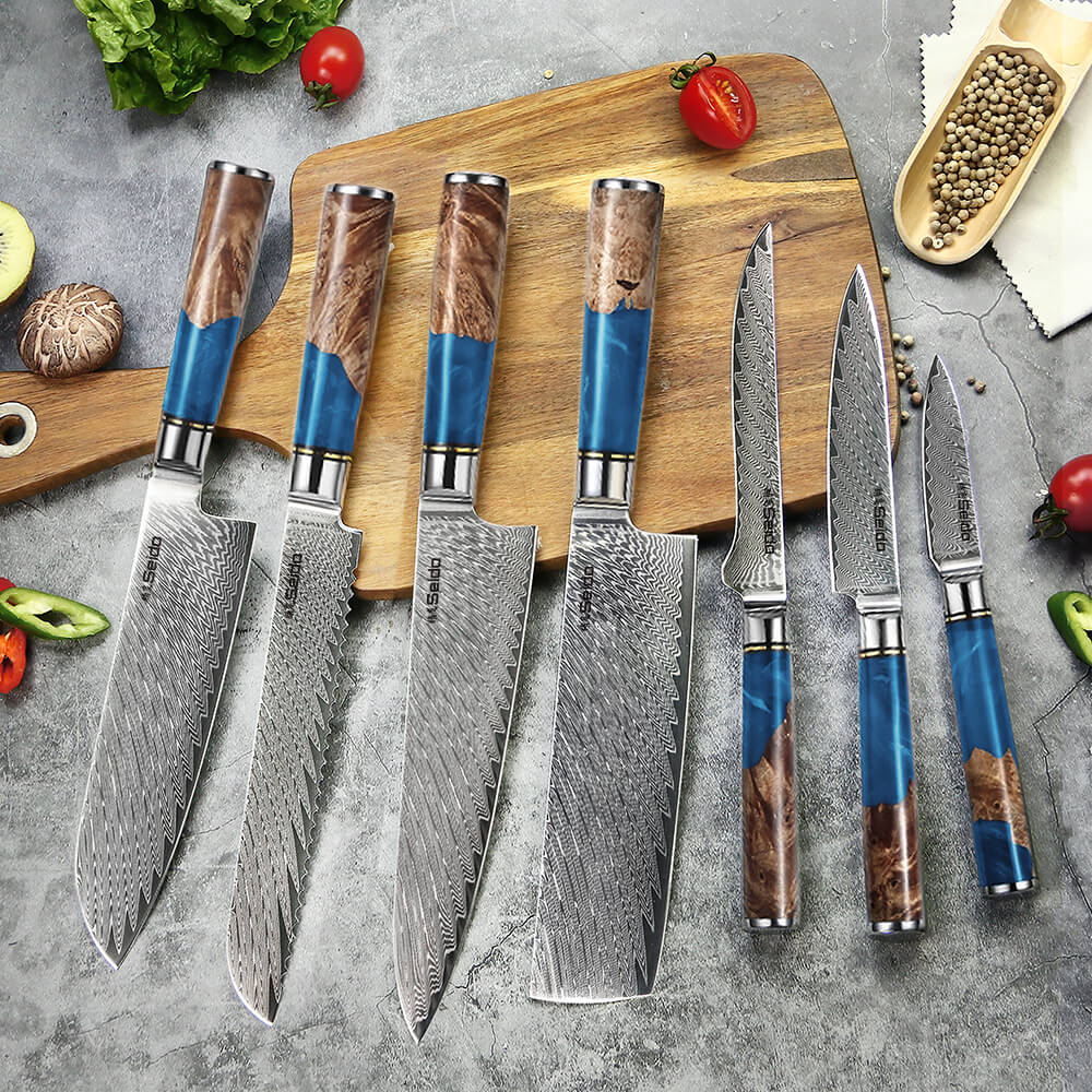 Executive 7-piece Japanese Damascus steel knife set with blue resin and wood handles