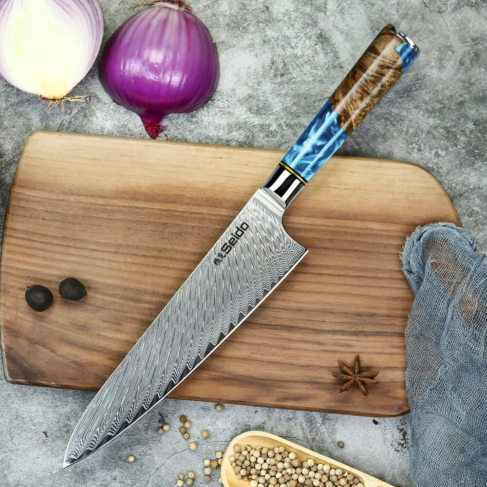 Executive Japanese Damascus steel kitchen knife set with blue handles