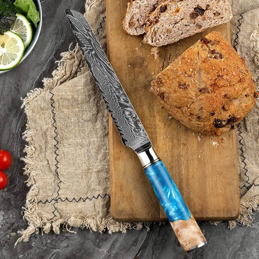 Executive Damascus steel serrated bread knife with blue resin handle