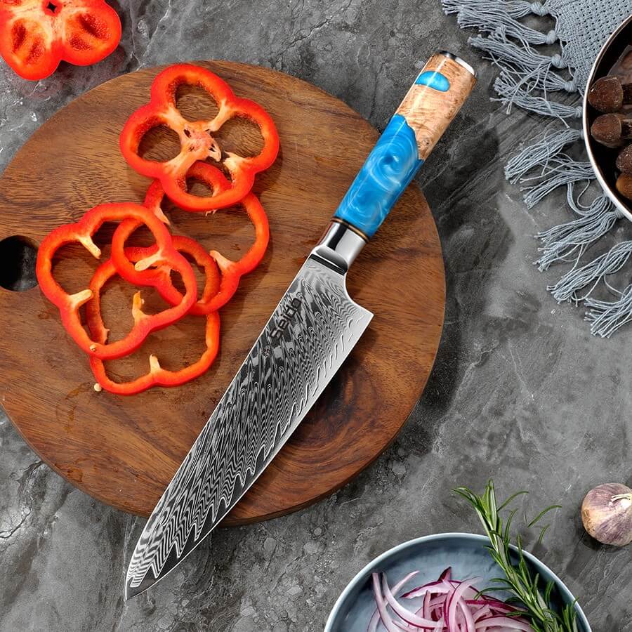 Executive Damascus gyuto chef knife with blue resin handle