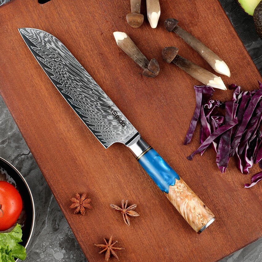 Executive Damascus steel santoku knife with blue resin handle