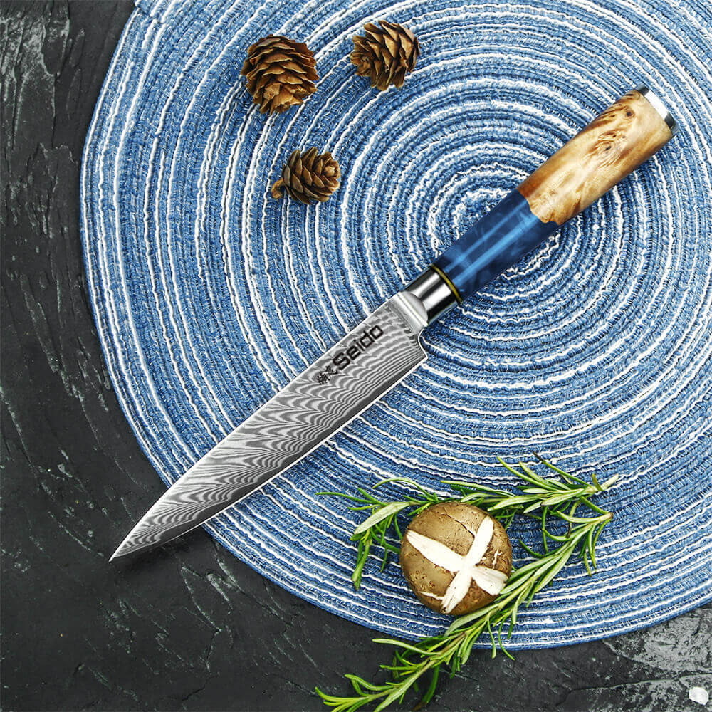 Executive Damascus steel utility knife with blue resin handle