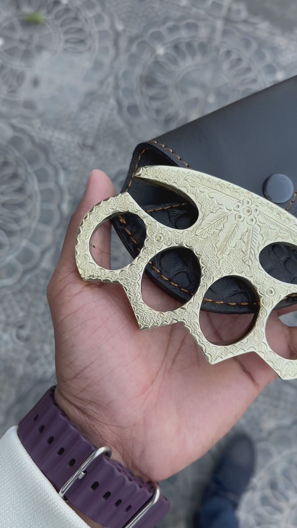 Handmade Antique Brass Knuckles – Vintage Engraved EDC with Leather Sheath