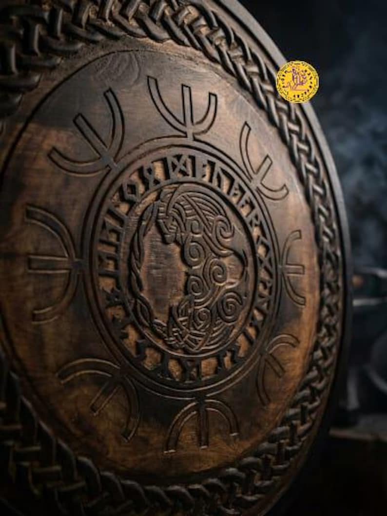 Fenrir Wolf Viking Shield, Norse wall art – hand-painted distressed battle-worn finish