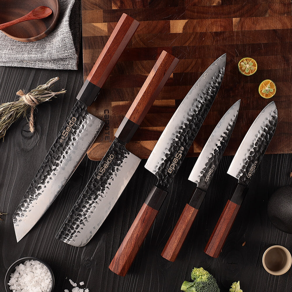 AUS-10 Japanese knife set with hammer-forged finish blades