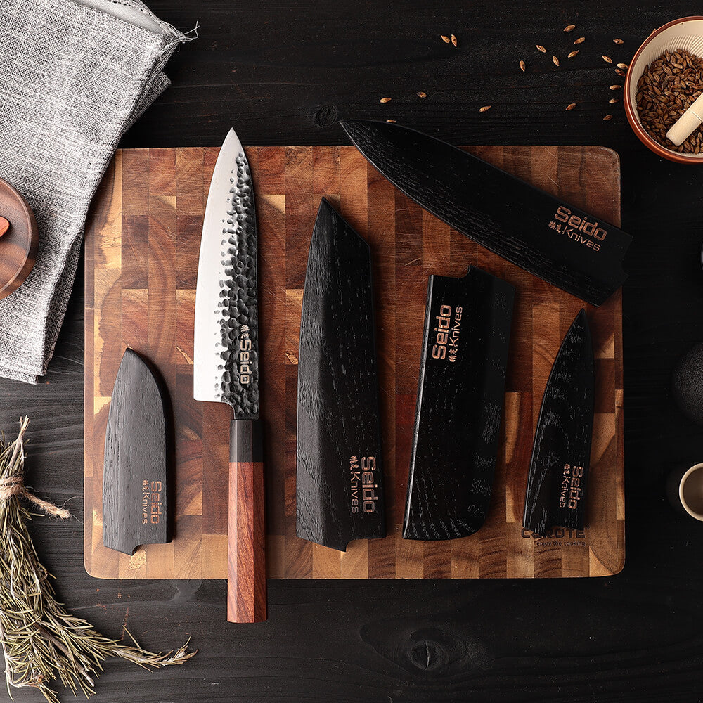Hageshi Japanese chef knives with octagonal Mkuruti and Ebony wood handles