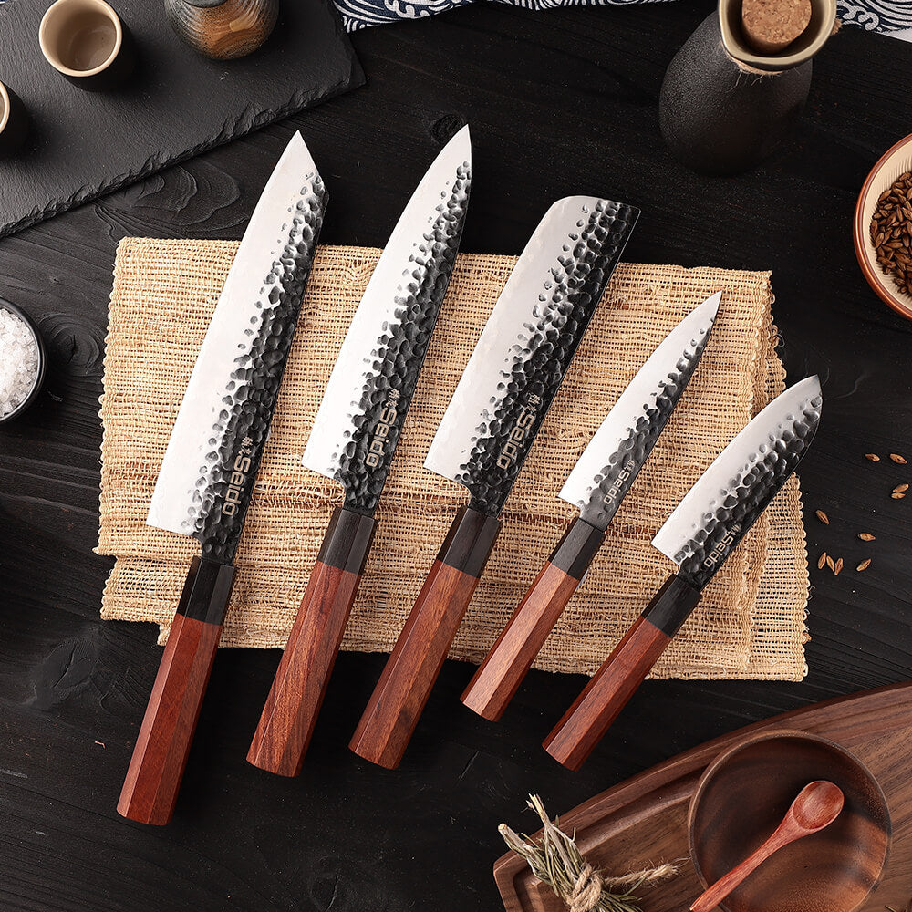 Hammer-forged finish AUS-10 Japanese chef knife with wood handle
