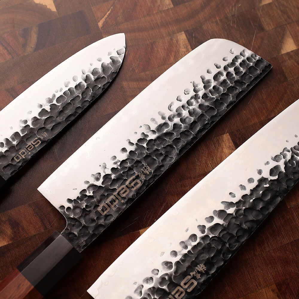 AUS-10 Japanese steel knives detail display with wood handles