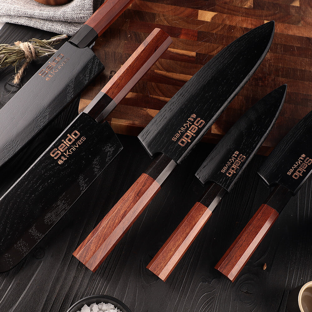 Hageshi AUS-10 Japanese chef knife set with magnetic ash wood sheaths