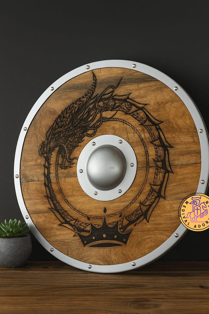 Hand-carved Jormungandr Viking Shield wall decor