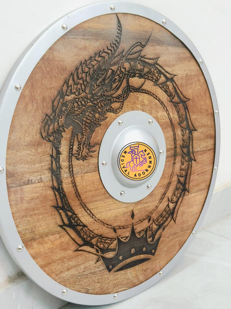 Hand-carved Jormungandr Viking Shield wall decor – engraved Jormungandr World Serpent artwork