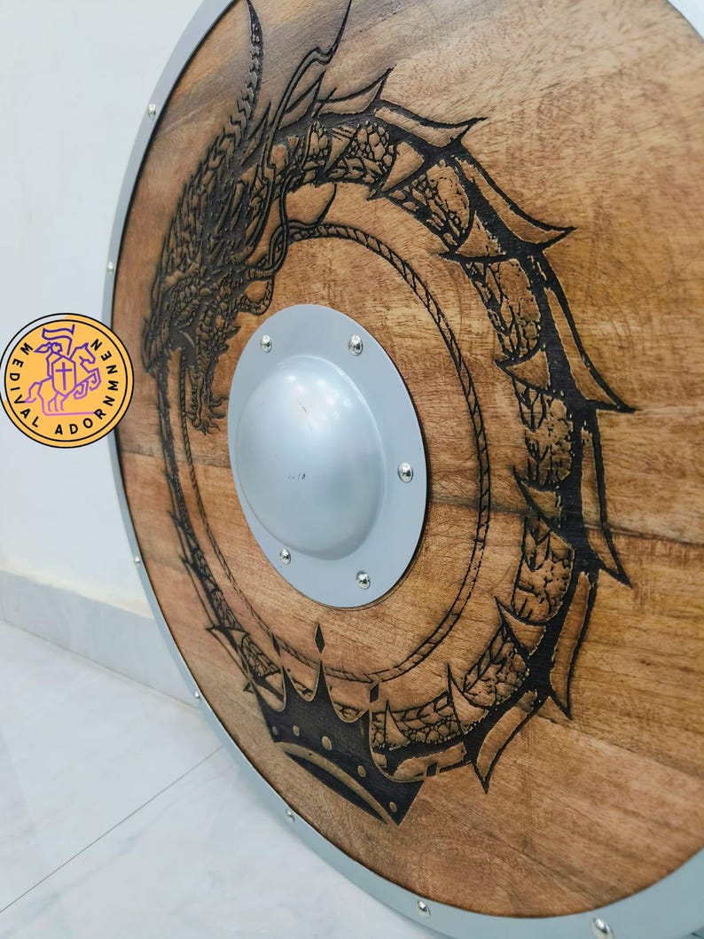 Hand-carved Jormungandr Viking Shield wall decor – metal center boss with decorative metal rim