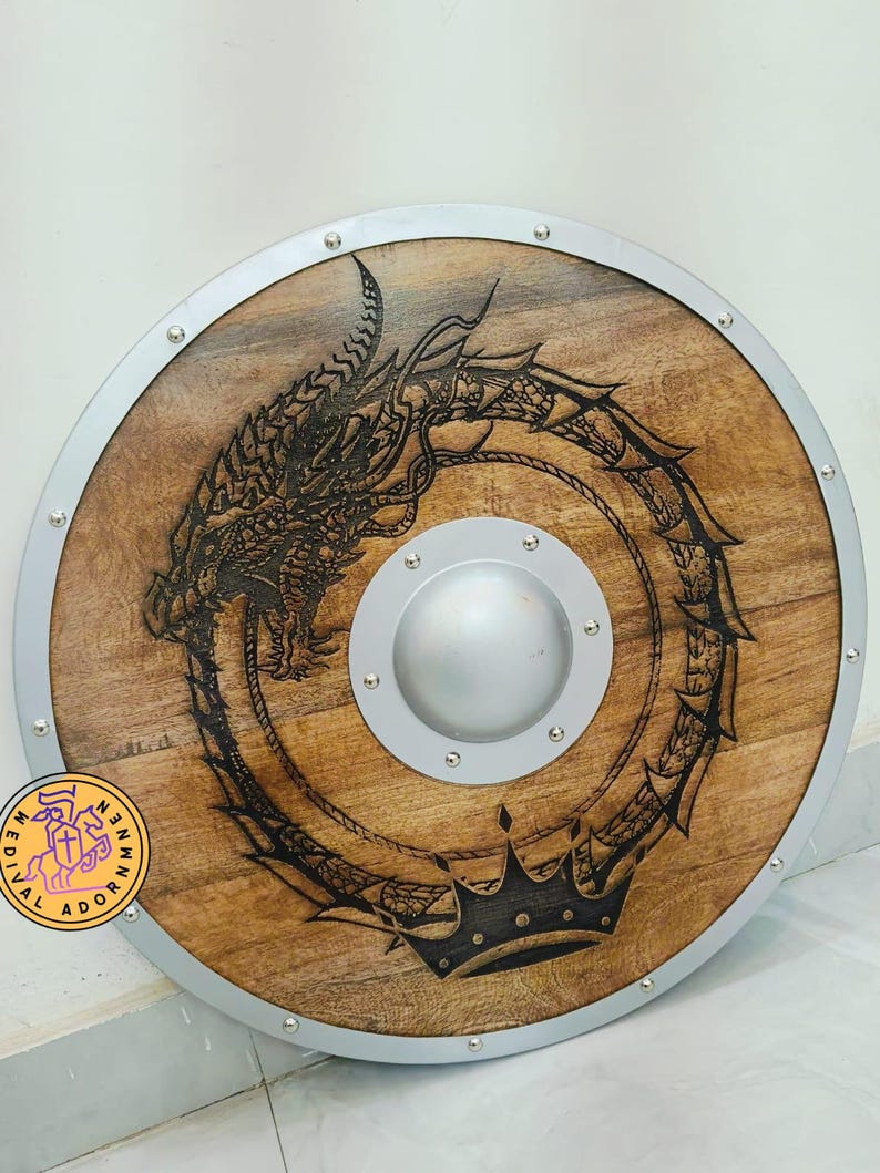 Hand-carved Jormungandr Viking Shield wall decor – available in 24 and 30 inch sizes