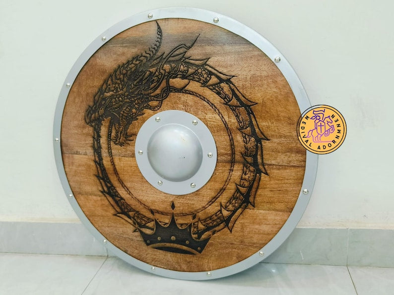 Hand-carved Jormungandr Viking Shield wall decor – engraved Jormungandr World Serpent artwork