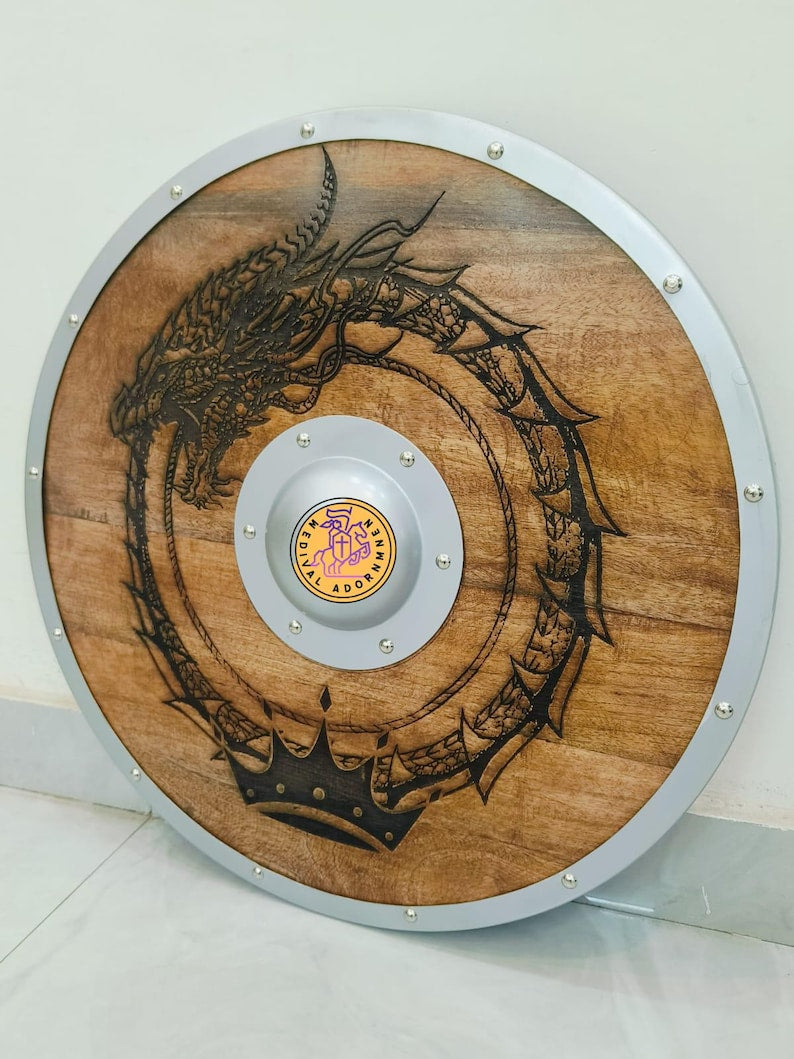 Hand-carved Jormungandr Viking Shield wall decor – metal center boss with decorative metal rim