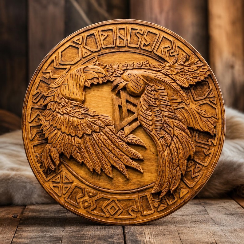 Hand-carved Viking Raven Shield, Huginn and Muninn wall decor