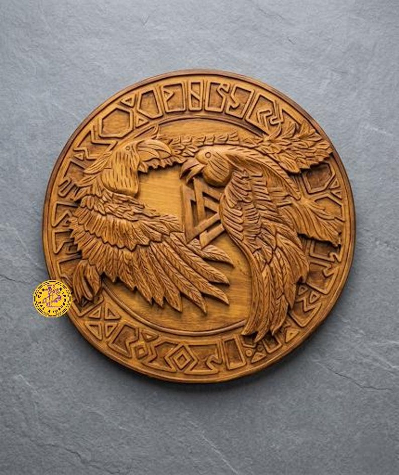 Hand-carved Viking Raven Shield, Huginn and Muninn wall decor – Huginn and Muninn raven motif