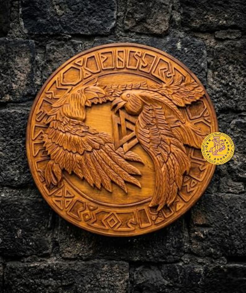 Hand-carved Viking Raven Shield, Huginn and Muninn wall decor – hand-carved, hand-painted distressed finish
