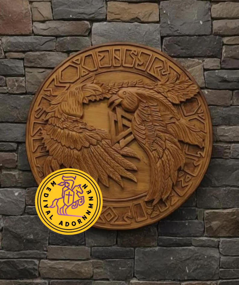 Hand-carved Viking Raven Shield, Huginn and Muninn wall decor – available in 24, 30, and 36 inch diameters