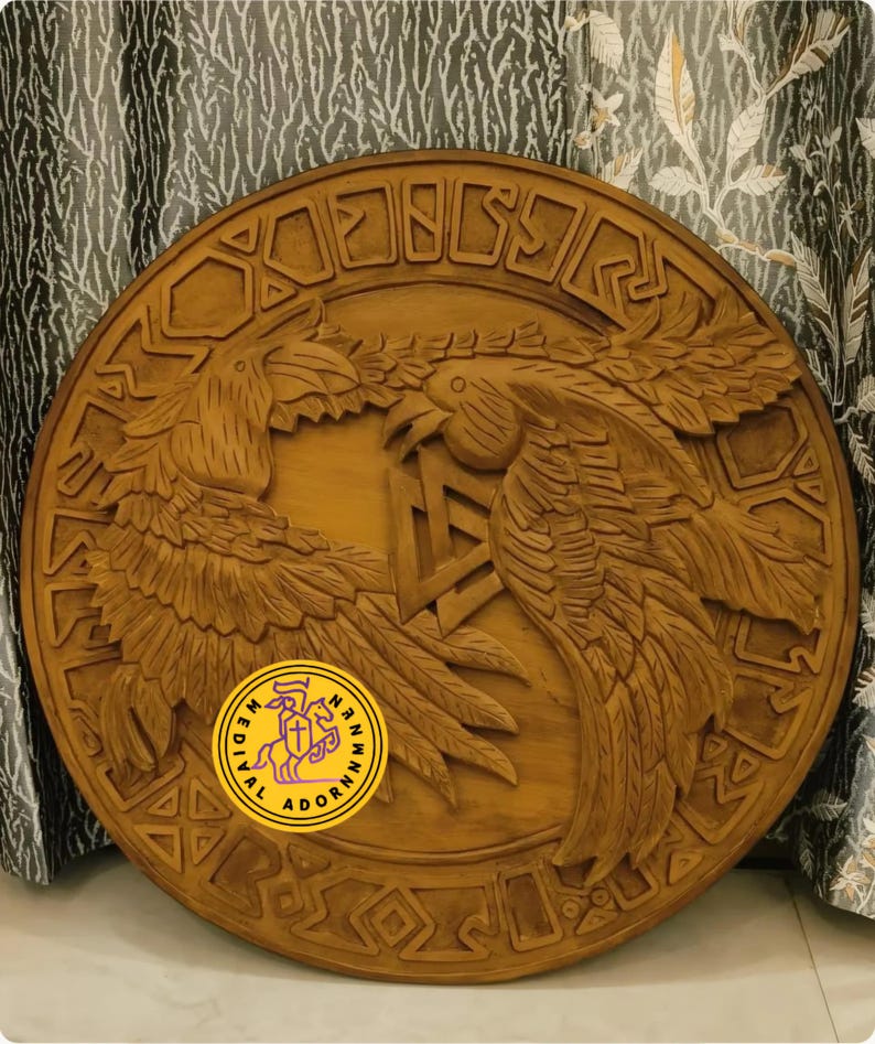 Hand-carved Viking Raven Shield, Huginn and Muninn wall decor – Huginn and Muninn raven motif