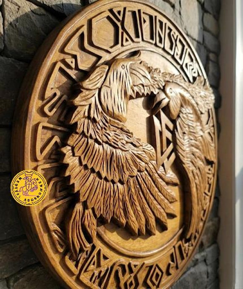 Hand-carved Viking Raven Shield, Huginn and Muninn wall decor – hand-carved, hand-painted distressed finish