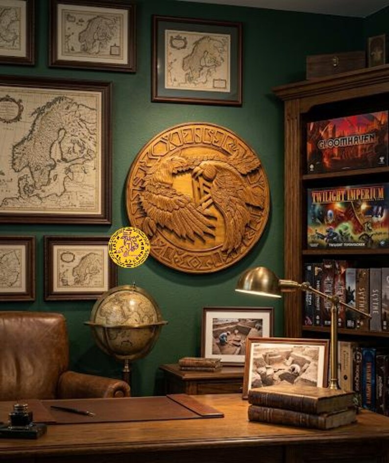 Hand-carved Viking Raven Shield, Huginn and Muninn wall decor – available in 24, 30, and 36 inch diameters