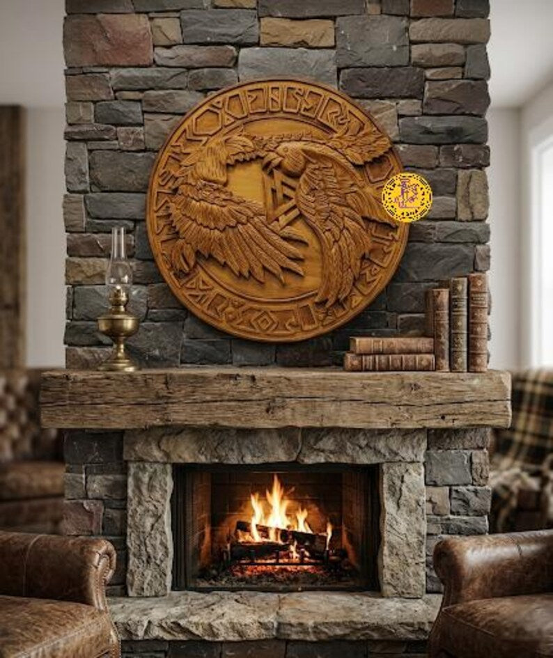 Hand-carved Viking Raven Shield, Huginn and Muninn wall decor – Huginn and Muninn raven motif