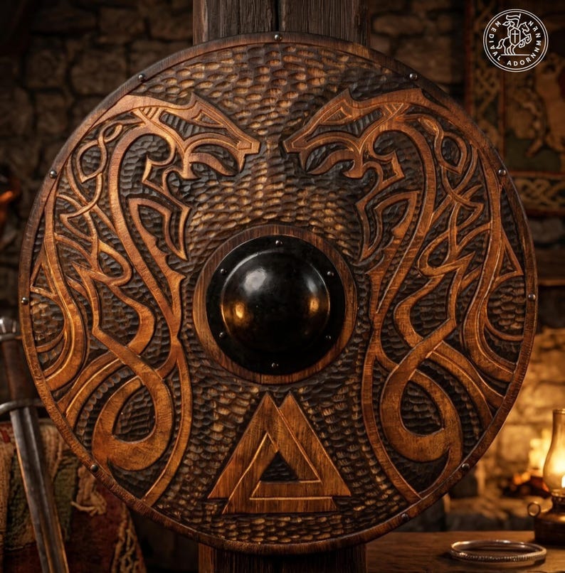Hand-carved Viking Shield with Norse knotwork design – intricate hand-carved Norse knotwork