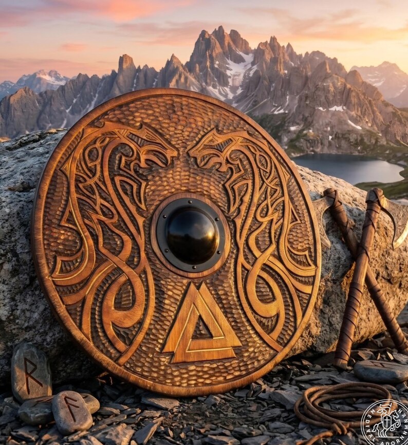 Hand-carved Viking Shield with Norse knotwork design – metal center boss