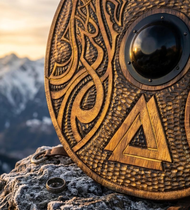 Hand-carved Viking Shield with Norse knotwork design – rustic natural wood finish