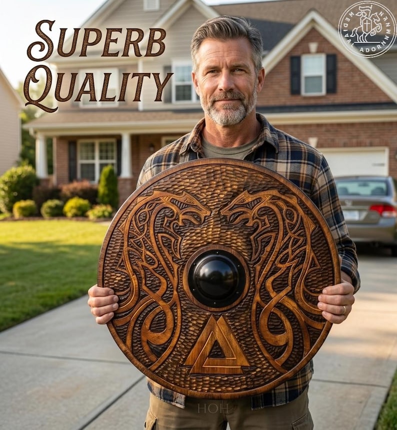 Hand-carved Viking Shield with Norse knotwork design – metal center boss