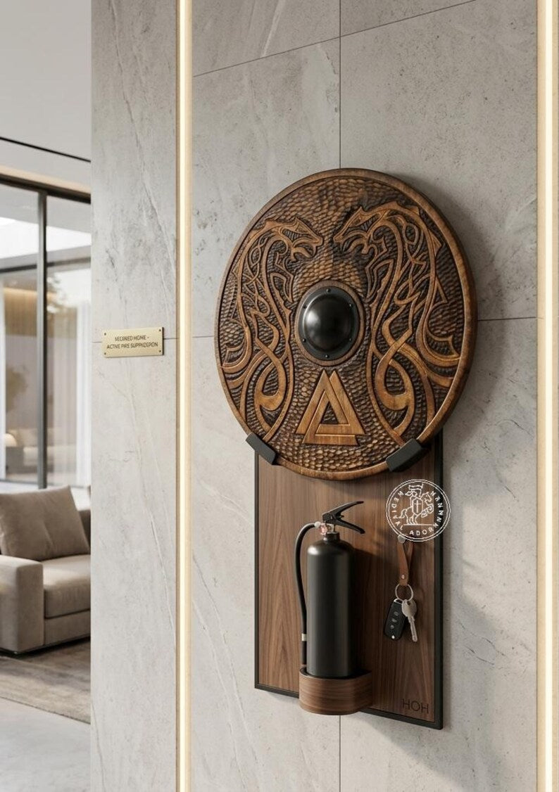 Hand-carved Viking Shield with Norse knotwork design – rustic natural wood finish