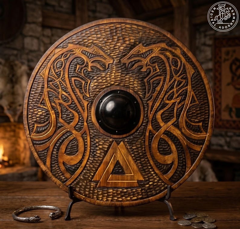 Hand-carved Viking Shield with Norse knotwork design – intricate hand-carved Norse knotwork