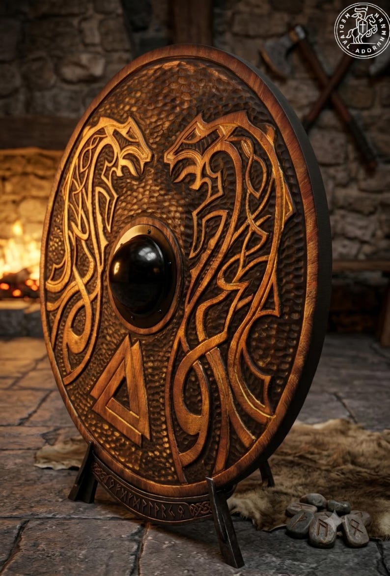 Hand-carved Viking Shield with Norse knotwork design – metal center boss