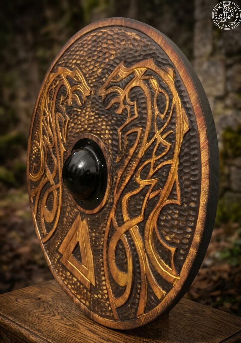 Hand-carved Viking Shield with Norse knotwork design – rustic natural wood finish