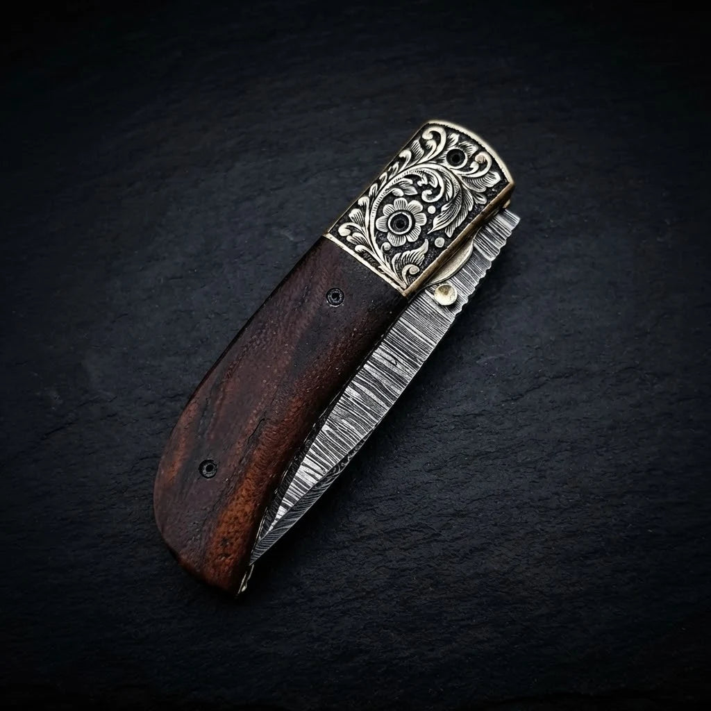 Walnut wood handle Damascus folding knife, folded view