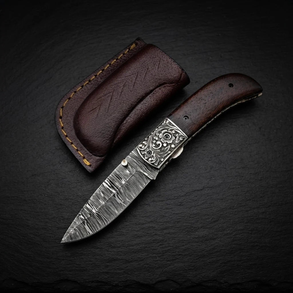 Walnut wood handle Damascus folding knife with genuine leather sheath