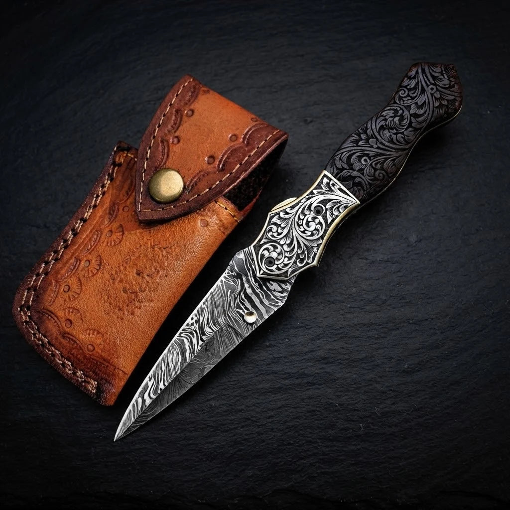 Damascus dagger knife with engraved brass bolster and walnut burl wood handle – full view