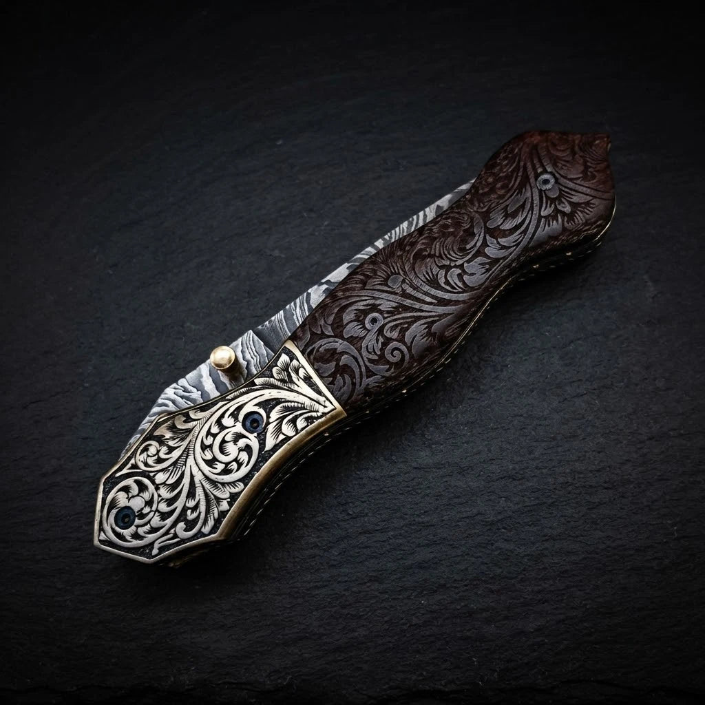Damascus dagger knife with engraved brass bolster and walnut burl wood handle – folded with sheath