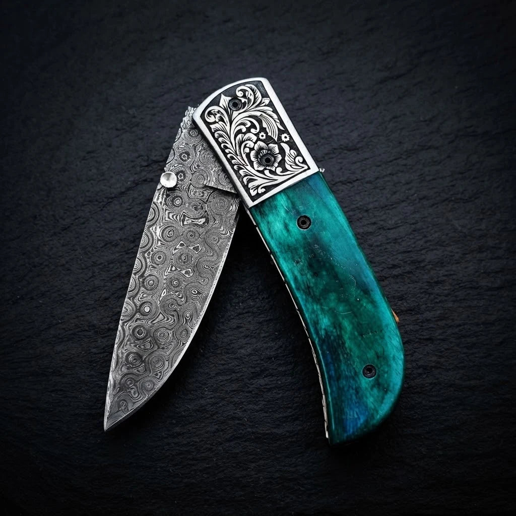 Damascus folding knife with green camel bone handle and steel bolster – full view