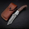 Hand engraved walnut wood tanto folding knife with Damascus bolster – photo 1