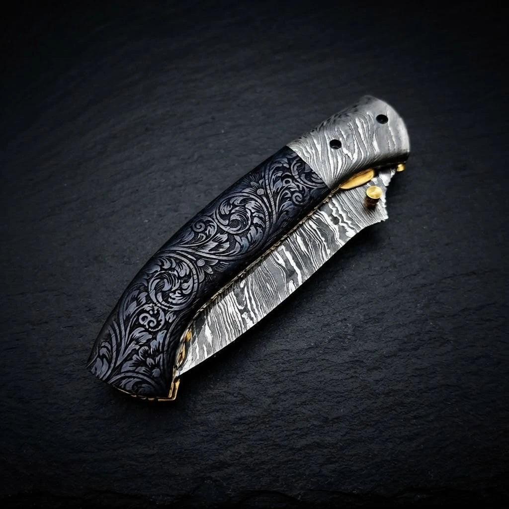Hand engraved walnut wood tanto folding knife with Damascus bolster – photo 2