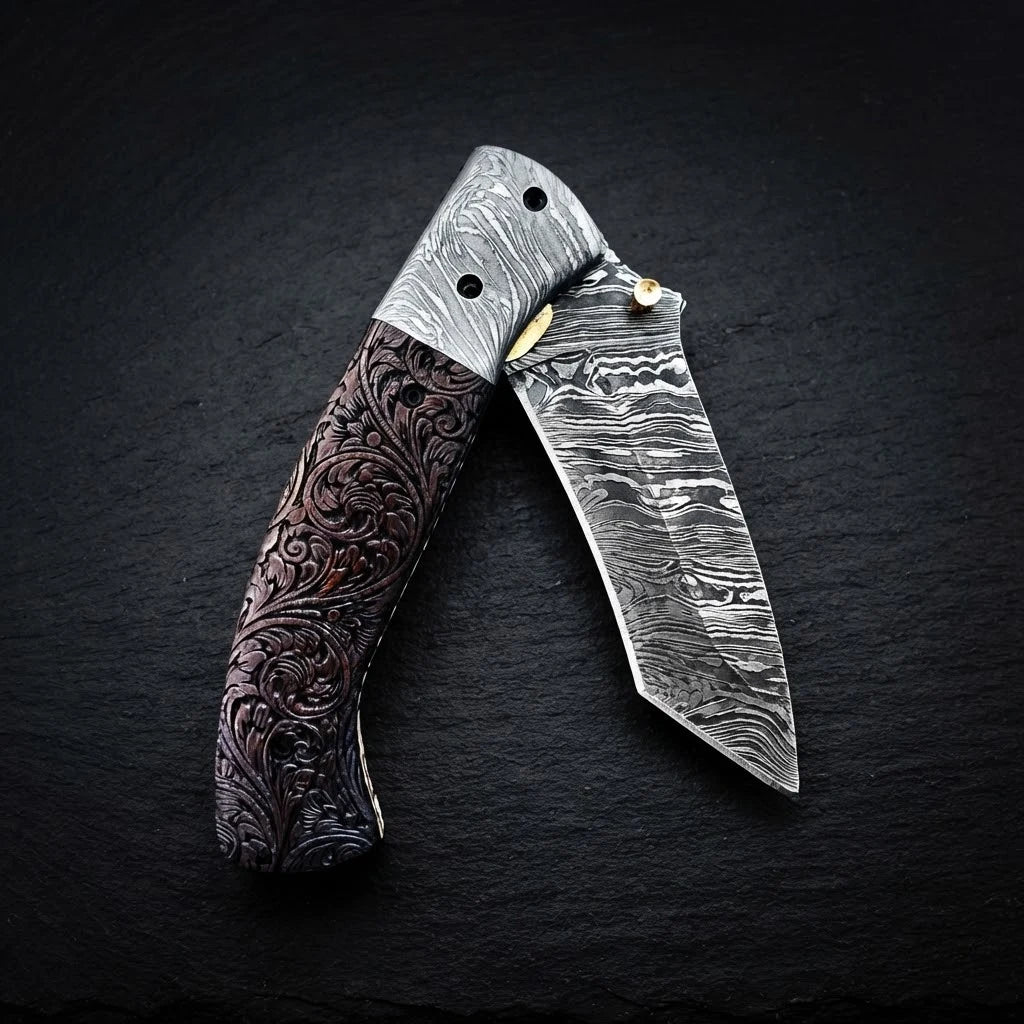 Hand engraved walnut wood tanto folding knife with Damascus bolster – photo 3