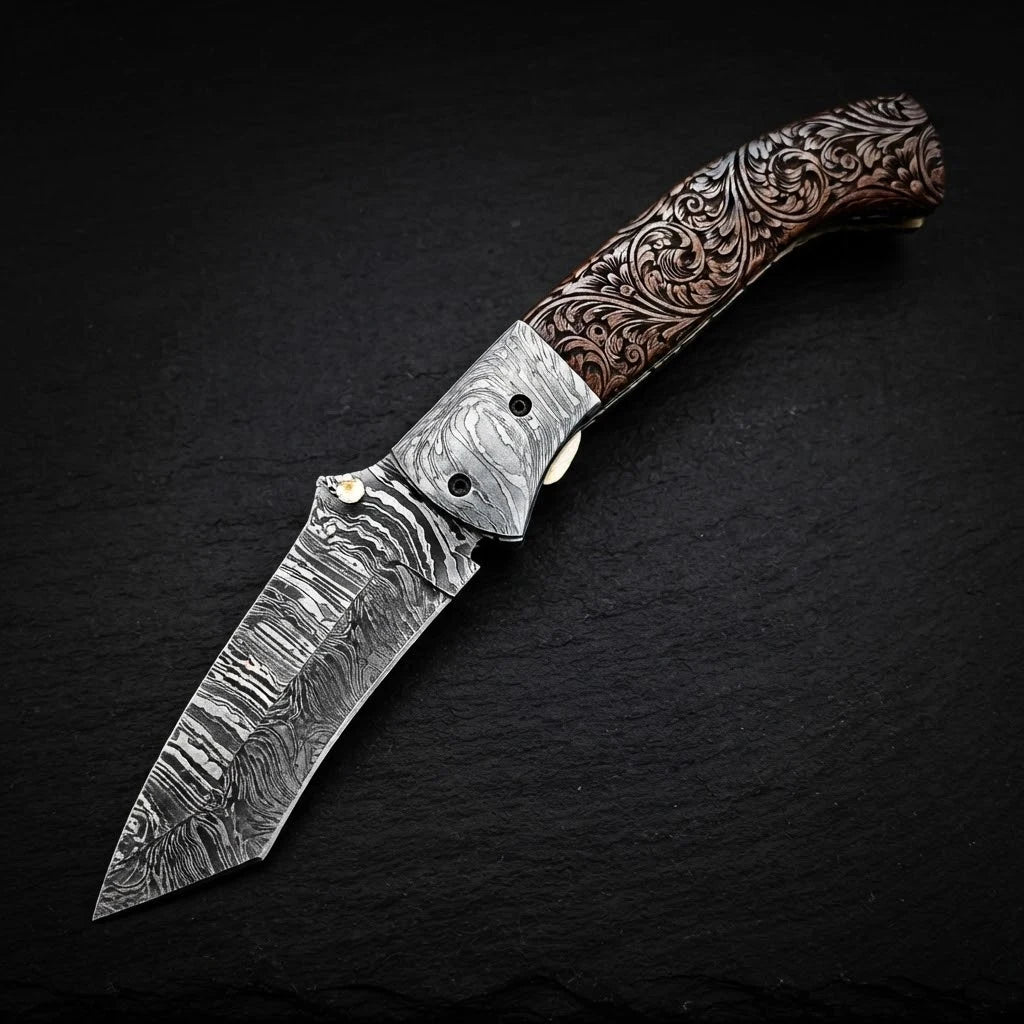 Hand engraved walnut wood tanto folding knife with Damascus bolster – photo 4