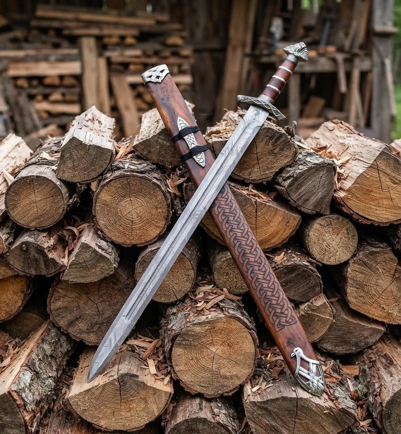 Hand forged Damascus steel Viking sword full view with wooden scabbard